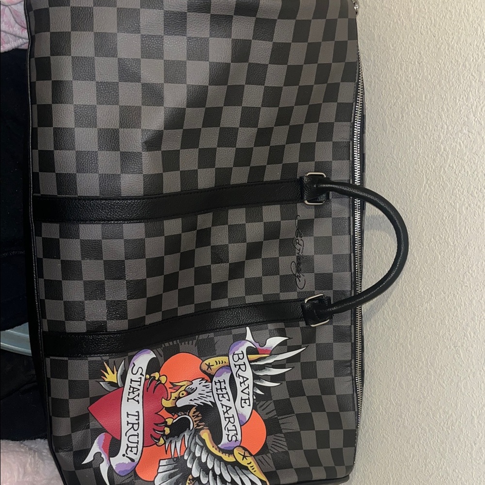 Ed Hardy Black and Gray Checkered Travel Bag